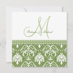 Olive Green & White vintage damask w/ monogram Invitation
