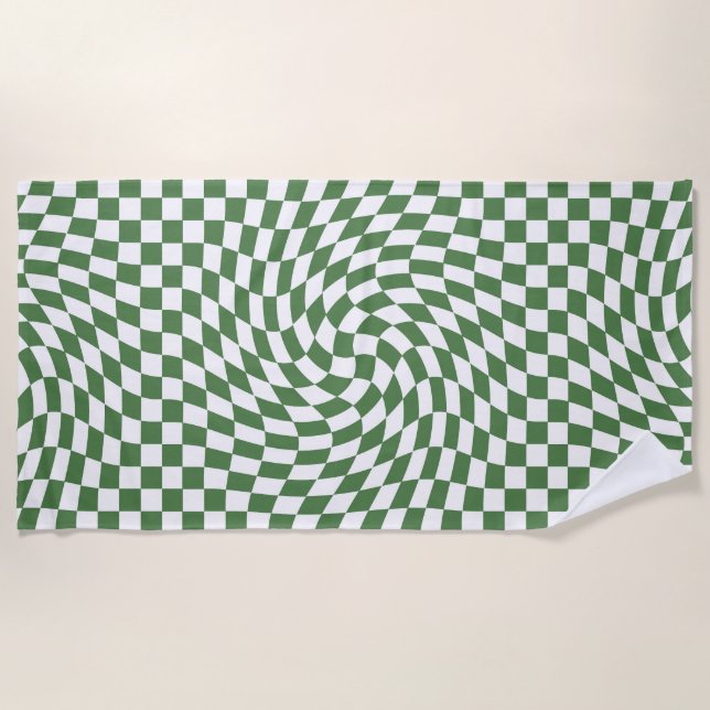 Olive Green & White Warped Chequered Pattern    Beach Towel (Front)