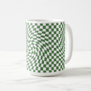 Olive Green & White Warped Chequered Pattern Coffee Mug