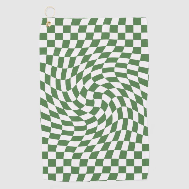 Olive Green & White Warped Chequered Pattern    Golf Towel (Front)