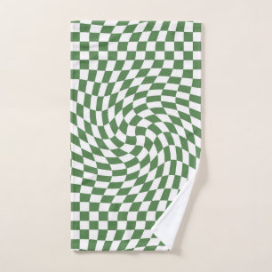 Olive Green & White Warped Chequered Pattern    Hand Towel