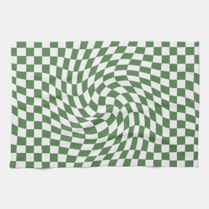 Olive Green & White Warped Chequered Pattern    Kitchen Towel