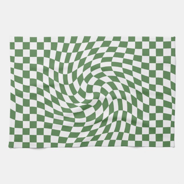 Olive Green & White Warped Chequered Pattern    Kitchen Towel (Horizontal)