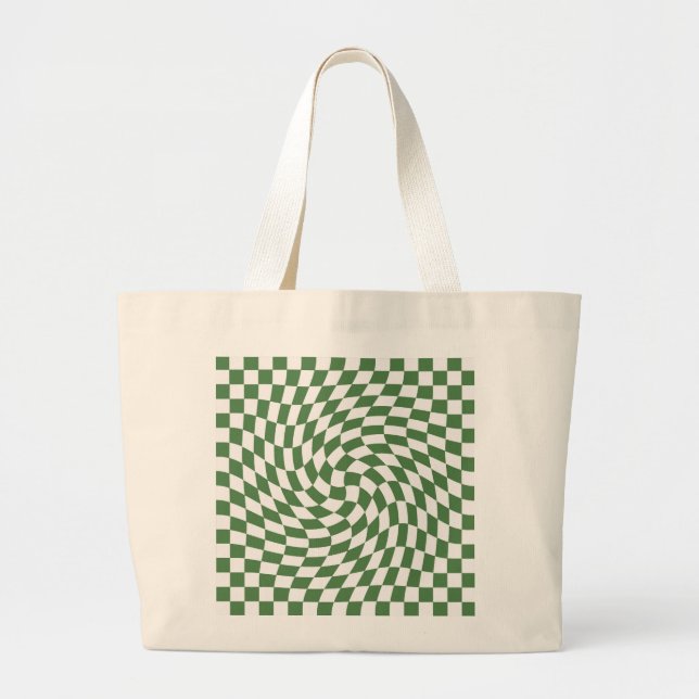 Olive Green & White Warped Chequered Pattern    Large Tote Bag (Front)