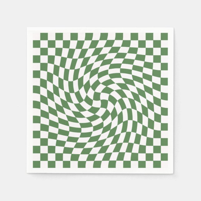 Olive Green & White Warped Chequered Pattern    Napkin (Front)