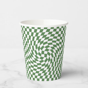 Olive Green & White Warped Chequered Pattern    Paper Cups
