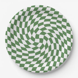 Olive Green & White Warped Chequered Pattern    Paper Plate