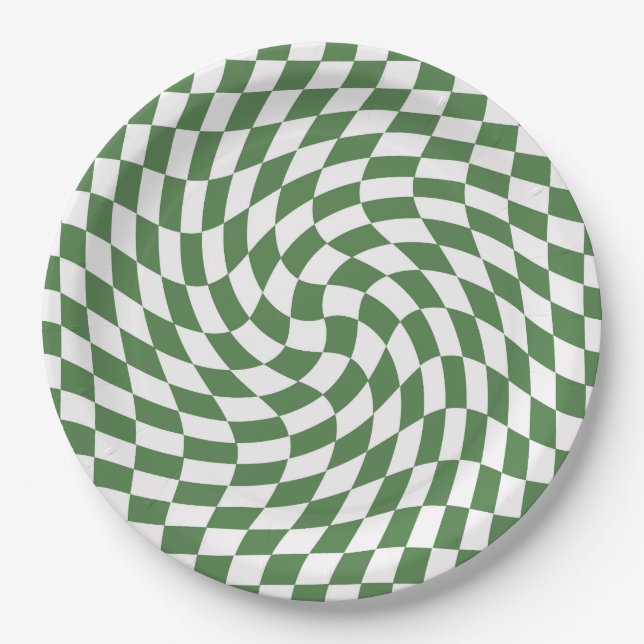 Olive Green & White Warped Chequered Pattern    Paper Plate (Front)