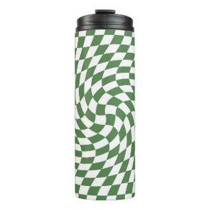 Olive Green & White Warped Chequered Pattern Thermal Tumbler