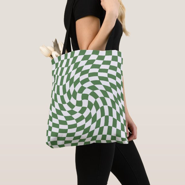 Olive Green & White Warped Chequered Pattern    Tote Bag (Close Up)