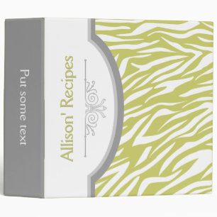 Olive green white zebra print with frame recipe binder