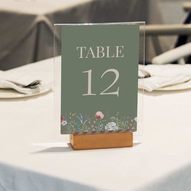 Olive Green Wildflower Wedding Table Number (Sage Green Wildflowers Wedding Table Number Card on a sunny outdoor wedding table.)