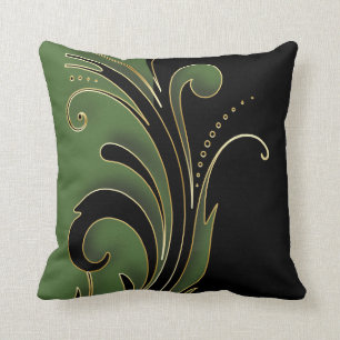 Olive Green with Black Florid Design Pattern Throw Pillow