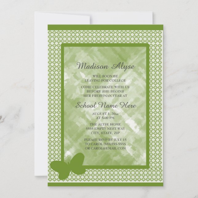 Olive Green with Butterfly College Trunk Party Invitation (Front)
