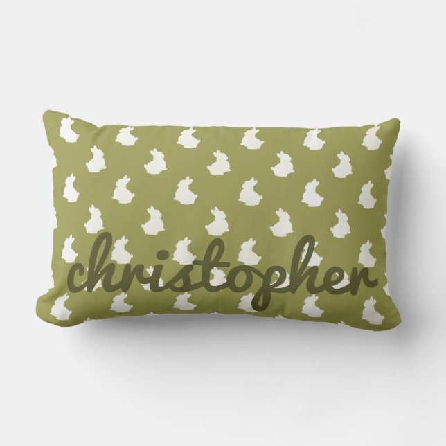 Olive Green Woodland Bunny Nursery Lumbar Pillow (Front)