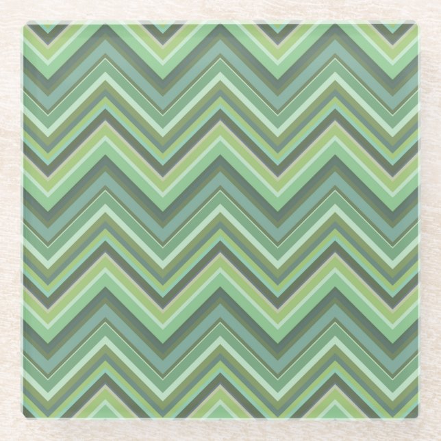 Olive green zigzag stripes glass coaster (Front)