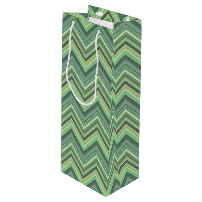 Olive green zigzag stripes wine gift bag (Front Angled)