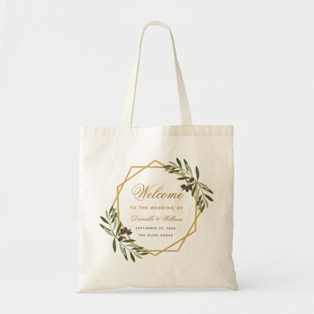 Olive Greenery Gold Botanical Wedding Welcome Bag (Front)