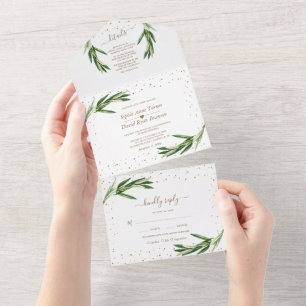 Olive Greenery Gold Confetti Monogram Wedding All In One Invitation