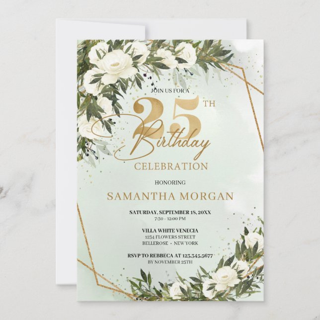Olive greenery gold frame white rose 25th birthday invitation (Front)