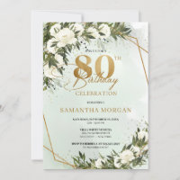 Olive greenery gold frame white rose 80th birthday