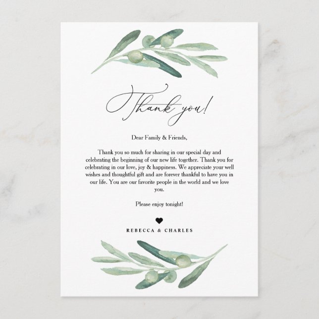 Olive Greenery Thank You Letter, Napkin Note Menu (Front)