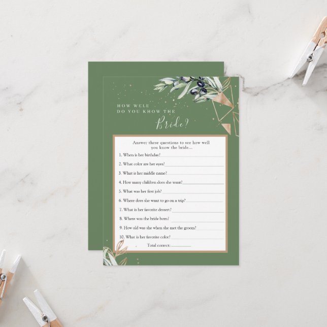 Olive Greenery Who Knows the Bride Best Game Card (Front/Back In Situ)