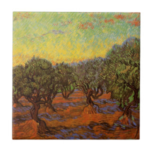Olive Grove, Orange Sky by Vincent van Gogh Tile
