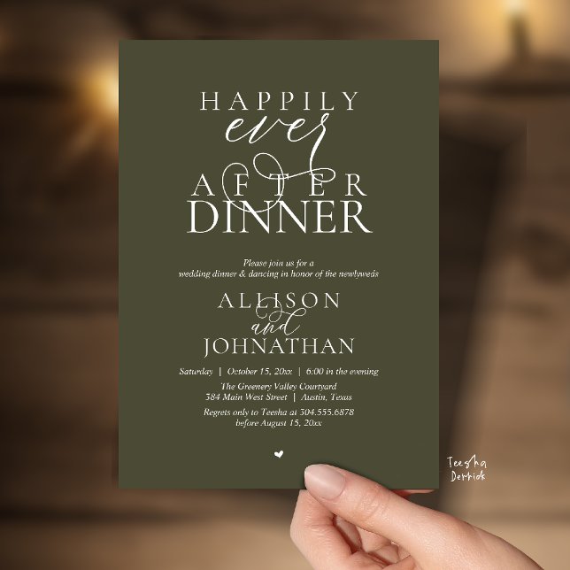 Olive Happily Ever After Dinner Modern Wedding Invitation (Olive Green Happily Ever After Dinner Modern Script Wedding Invitation Card)
