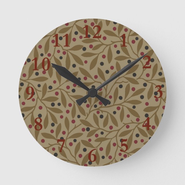 Olive Leaf Berry Earthy Willow Branch Round Clock (Front)
