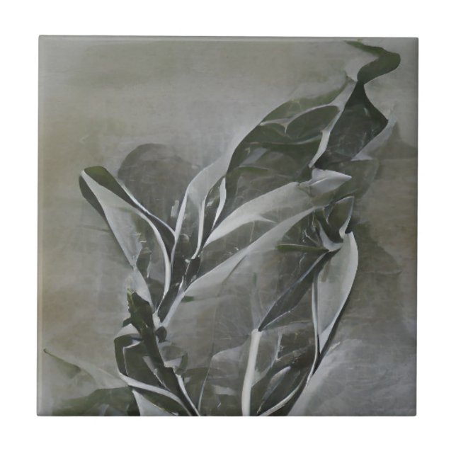 Olive leaf grey etching abstract graphic art tile (Front)