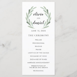 Olive Leaf Wreath Cursive Script Wedding Program