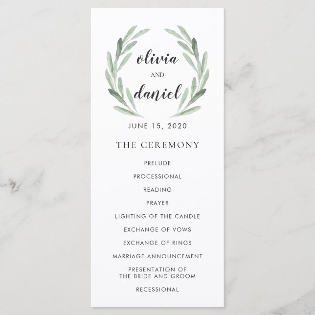 Olive Leaf Wreath Cursive Script Wedding Program (Front)