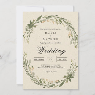 Olive Leaf Wreath Floral Wedding Invitation