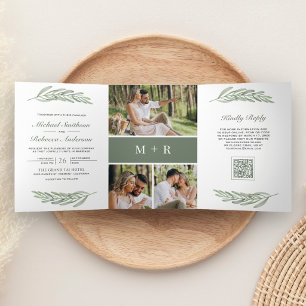 Olive Leaves Branch Photo Collage QR Code Wedding Tri-Fold Invitation