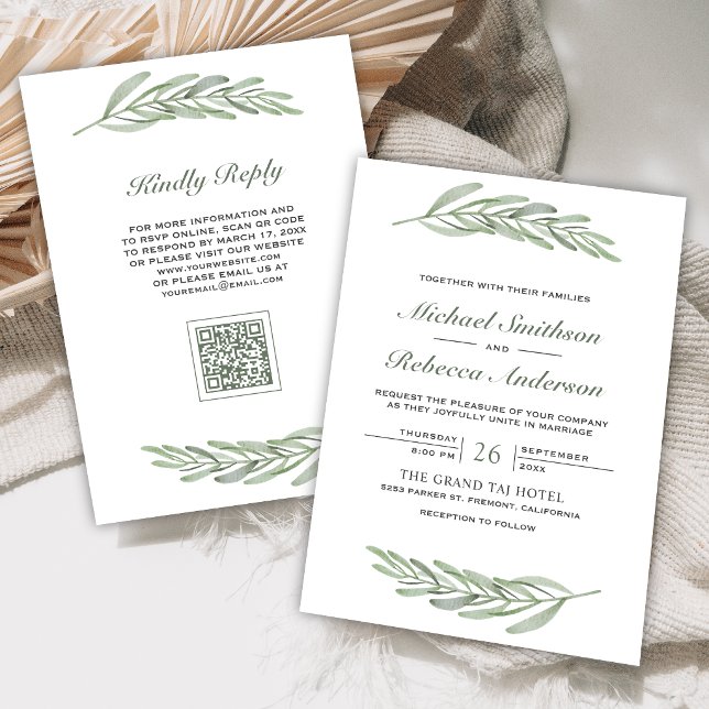 Olive Leaves Branch QR Code Wedding Invitation (Creator Uploaded)