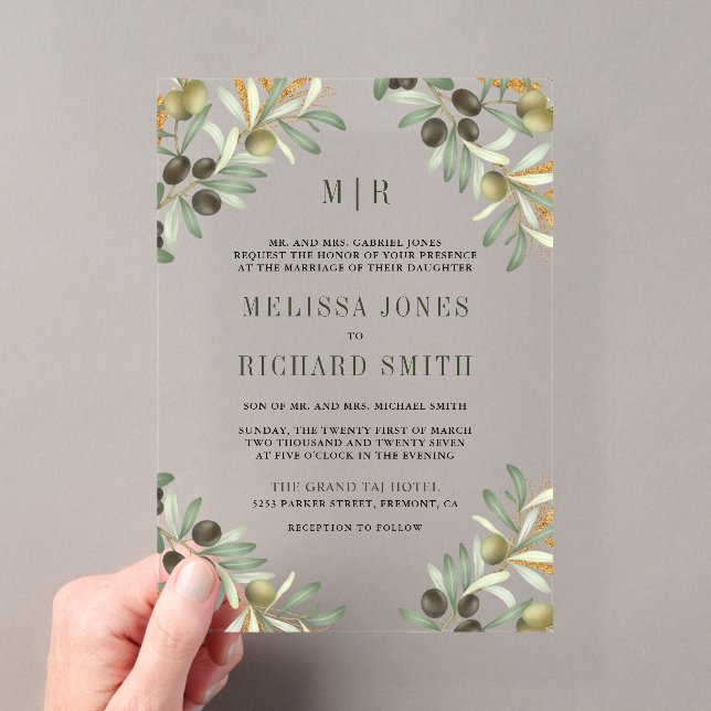 Olive Leaves Formal Wedding Acrylic Invitations (Insitu (Handheld))