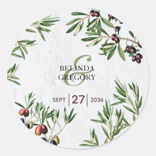 Olive Leaves Mediterranean Greek Island Wedding   Classic Round Sticker (Front)