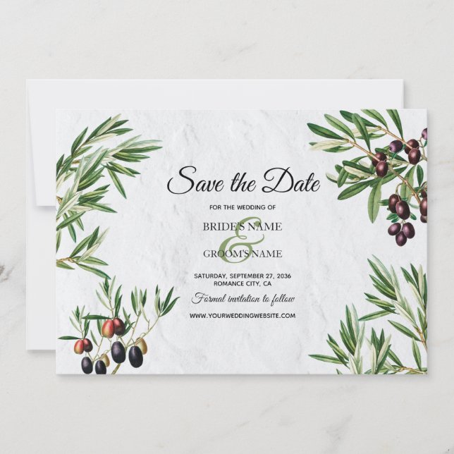 Olive Leaves Mediterranean Greek Island Wedding Save The Date (Front)