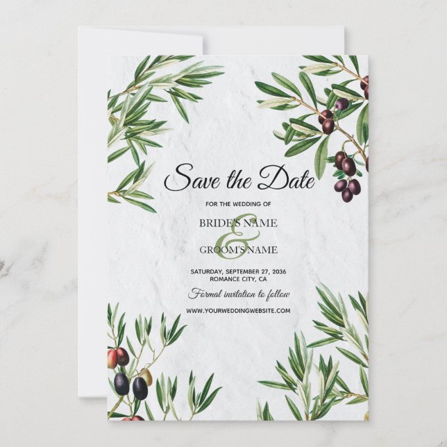 Olive Leaves Mediterranean Greek Island Wedding  Save The Date (Front)