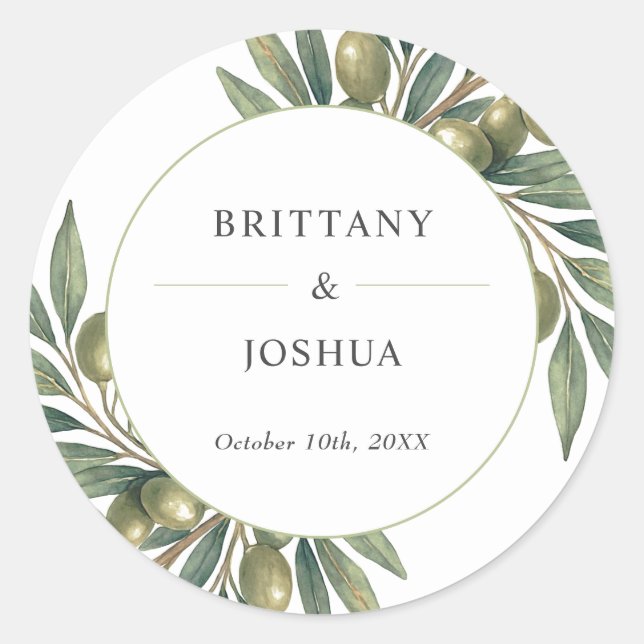Olive Leaves Mediterranean Rustic Wedding  Classic Round Sticker (Front)