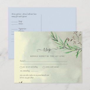 Olive Leaves Wedding Dusty Blue Lemon RSVP Postcard