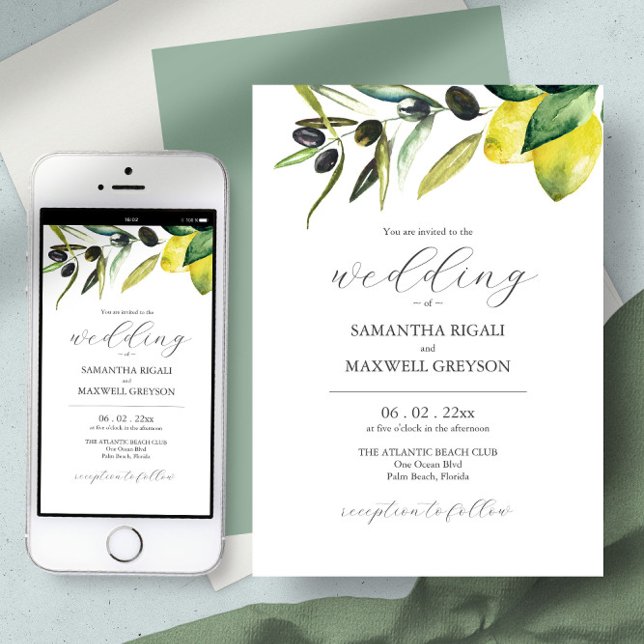 Olive Lemon Wedding Elegant Watercolor Botanical  Invitation (editable wedding invitation cheap card and digital download virtual botanical lemon and olive branch)