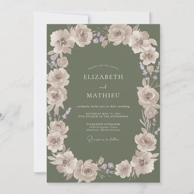 Olive Lilac Mauve Wreath Wedding Invitation (Front)