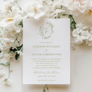 Olive Line Art Floral Monogram Crest Wedding Invitation