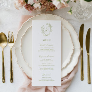 Olive Line Art Floral Monogram Crest Wedding Menu