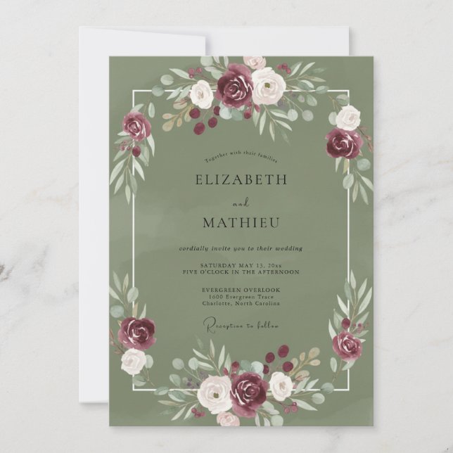 Olive Maroon Peony Wedding Invitation (Front)