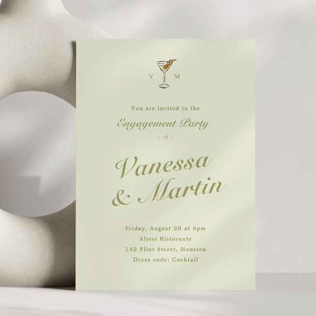Olive Martini Classic Engagement Party Invitation (olive martini engagement party invitation with light green background)