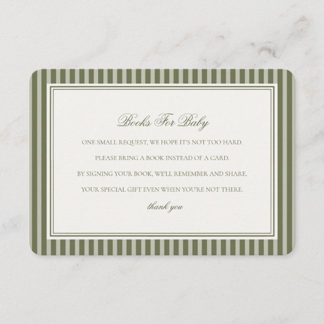 Olive Martini Green Striped Books For Baby Shower Enclosure Card (Front)