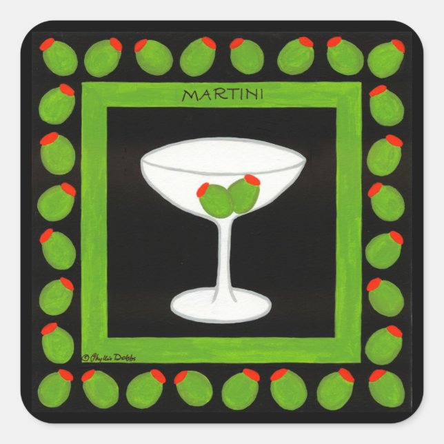 Olive Martini Retro Drink Art Green and Black Square Sticker (Front)